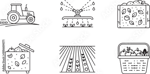 Farm icons: Tractor, sprinkler, harvest basket, field, and produce bin isolated on white background