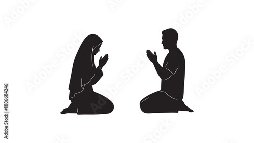 Minimalist silhouette of man and woman in prayer in islam 