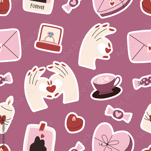 Cute seamless pattern with romantic, love elements. Valentines day design.