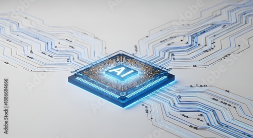 A computer chip with AI technology and circuit board design on a white background