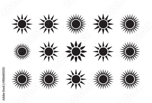 Array of black sun stamps with uniform ray spacing and solid centers for weather and nature projects