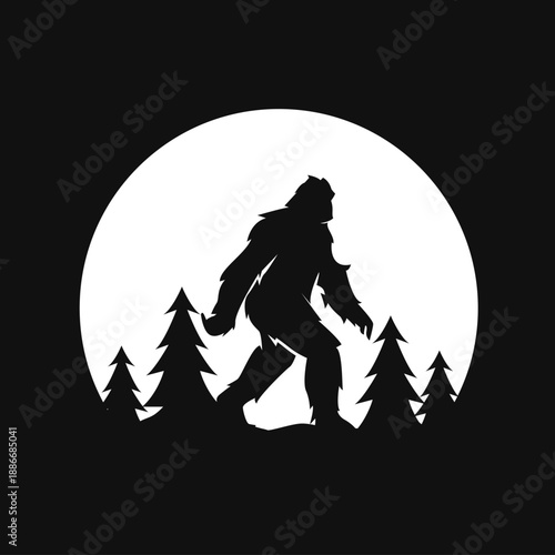 Bigfoot Silhouette Walking in Forest with Full Moon at Night