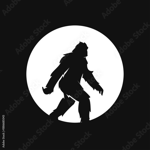 Bigfoot Sasquatch Silhouette Walking Against a Full Moon Circle Icon