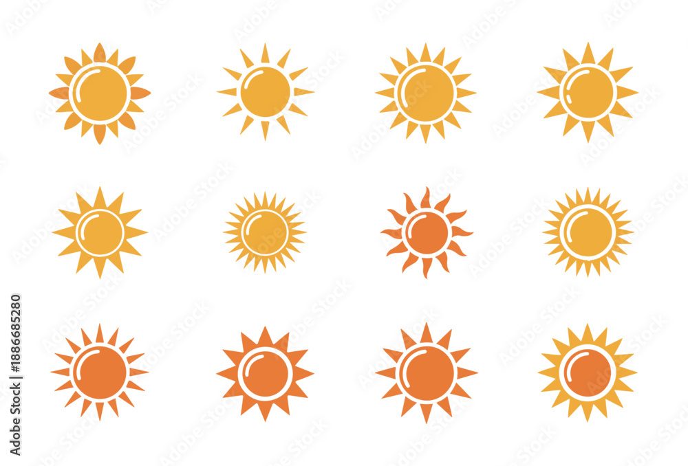 Fototapeta premium Sun vector icons set. bright yellow and orange sun collection isolated on white background