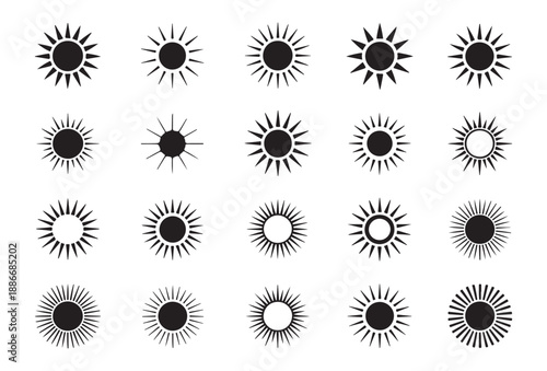 Assorted sun silhouette icons with thick and thin rays for weather application and graphic designing