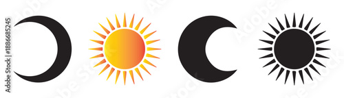 Moon and sun icons set phases crescent half full sun bright rays on white background