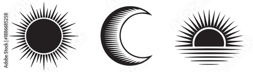 Celestial sun moon and sunset silhouettes vector set for logo design with sharp rays and clean lines