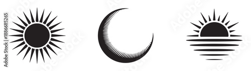 Sun moon and sunset horizon silhouette vector icons featuring detailed line work and sharp ray shapes