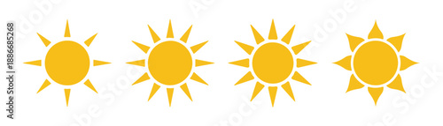 Sun icon set. bright yellow sun collection with varying ray designs isolated on white background