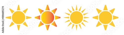 Sun icons set. bright yellow and orange gradient sun collection isolated on white background