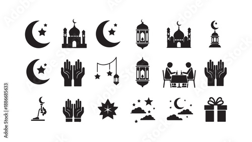 Ramadan and eid celebration vector silhouette icons set