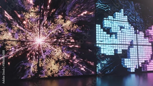 Wallpaper Mural Vibrant fireworks explosion and pixelated cloud on digital screens in a dark environment viewed from the front Torontodigital.ca