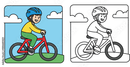 Vector illustration of a happy boy riding a bicycle wearing a helmet with coloring page outline version for children activity book.
