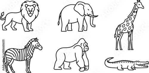 Safari Animals Collection: Lion, Elephant, Giraffe, Zebra, Gorilla, Crocodile Outline Icons Isolated on white background