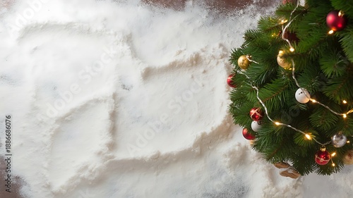 Festive Christmas tree decoration with colorful ornaments and lights on snowy background