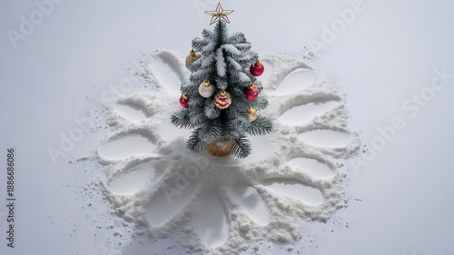 Snowy Christmas tree with ornaments on white background with snow design