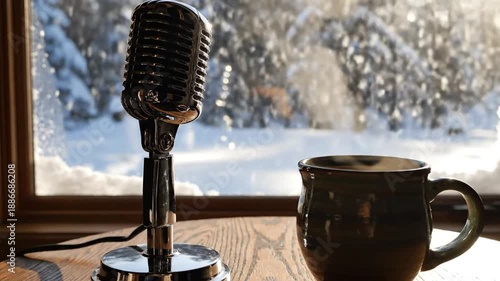 Wallpaper Mural A vintage microphone on a wooden table beside a coffee mug near a window with a snowy landscape outside in the morning Torontodigital.ca