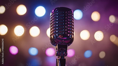 Wallpaper Mural A microphone stands on stage illuminated by colorful bokeh lights from the background creating a vibrant atmosphere for a performance or speech Torontodigital.ca