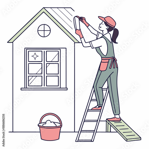 Washing windows in house. Female character in uniform with brush in hand wipes glass. Basin of detergent windowsill. House and apartment cleaning after major repairs. Vector flat illustration
