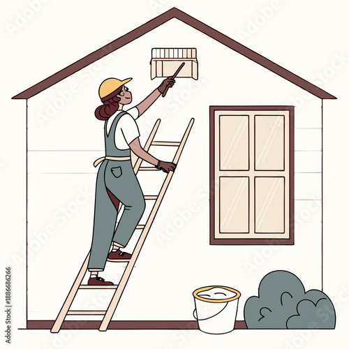 Washing windows in house. Female character in uniform with brush in hand wipes glass. Basin of detergent windowsill. House and apartment cleaning after major repairs. Vector flat illustration