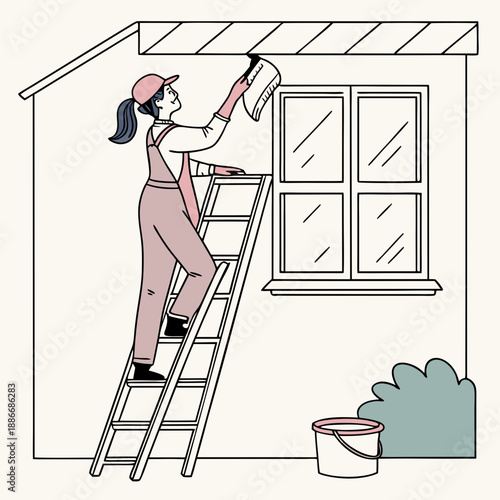 Washing windows in house. Female character in uniform with brush in hand wipes glass. Basin of detergent windowsill. House and apartment cleaning after major repairs. Vector flat illustration
