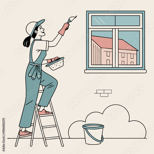 Washing windows in house. Female character in uniform with brush in hand wipes glass. Basin of detergent windowsill. House and apartment cleaning after major repairs. Vector flat illustration