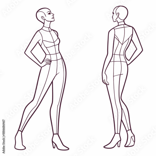 Female body mannequin. Template for fashion sketch ideas of women's clothing. Fashion design. Luxury outline vector illustration set