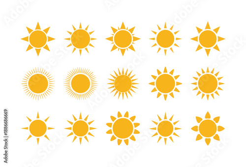 Summer sun icons with unique ray styles for weather applications and seasonal graphic design projects