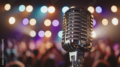 Wallpaper Mural Vintage Microphone Center Stage at Concert Venue with Audience and Vibrant Lighting Effects Torontodigital.ca