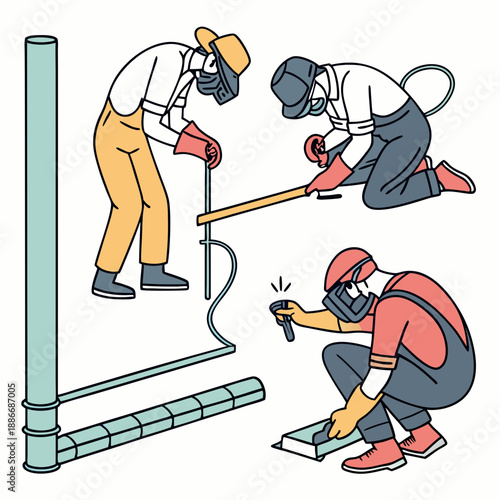 People weld metal. Welders work in protective masks and gloves, men repair, fixing and building, different pipes structures connection, cartoon flat style isolated nowaday vector set