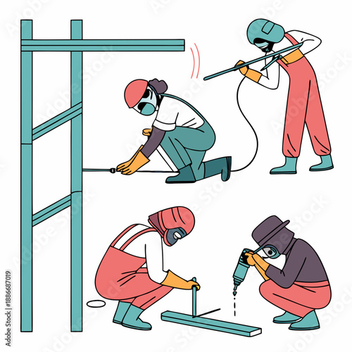 People weld metal. Welders work in protective masks and gloves, men repair, fixing and building, different pipes structures connection, cartoon flat style isolated nowaday vector set