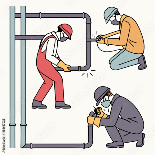 People weld metal. Welders work in protective masks and gloves, men repair, fixing and building, different pipes structures connection, cartoon flat style isolated nowaday vector set