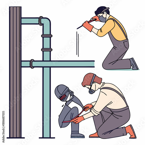 People weld metal. Welders work in protective masks and gloves, men repair, fixing and building, different pipes structures connection, cartoon flat style isolated nowaday vector set