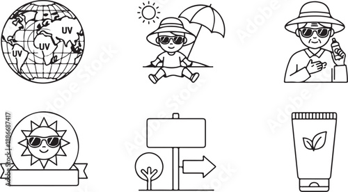 Sunscreen and Sun Protection Icons: Applying Sunscreen, Globe UV Rays, Sun with Sunglasses Isolated on white background