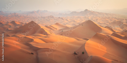 View of rippling golden sand dunes cascade under a soft, diffused light, creating a tranquil yet majestic desert landscape, Salalah, Dhofar Governorate, Oman.
