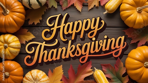 Vibrant Happy Thanksgiving greeting with pumpkins and fall leaves on rustic wood