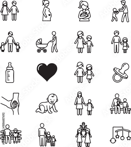 Family and Parenthood Line Icon Set: Pregnancy, Baby Care, and Parenting Concepts