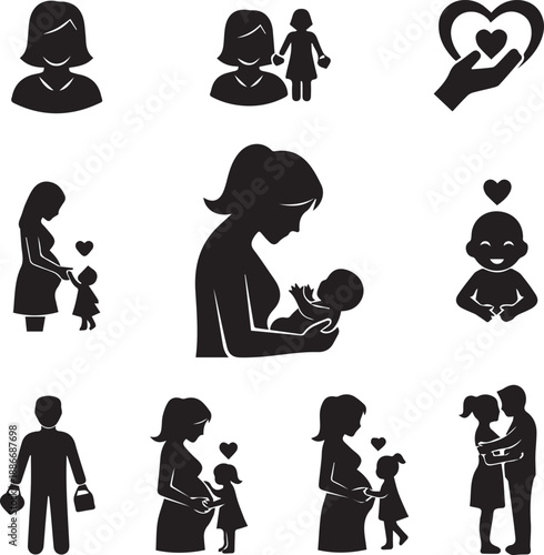 Family Life and Motherhood Silhouette Icons Set - Pregnancy, Parenting, and Childhood Vector Illustrations