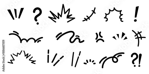Hand drawn comic doodle symbols set with expressions movement doodle