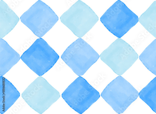 Rhombus Seamless Vector Pattern. Blue Watercolor Rhombus Isolated On a White Background. Hand Drawn Irregular Checkered Geometric Pattern With Various Blue Squares. Ideal For Fabric, Textile.