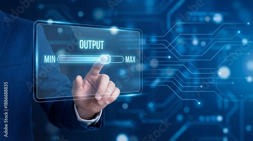 Businessman adjusting output on futuristic digital interface with glowing slider control in modern technology setting for optimal performance and efficiency in data management and processing.