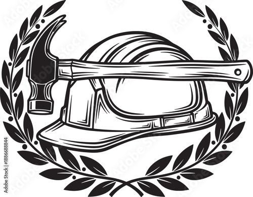 Black and White Construction Hard Hat and Hammer Laurel Wreath Vector Illustration