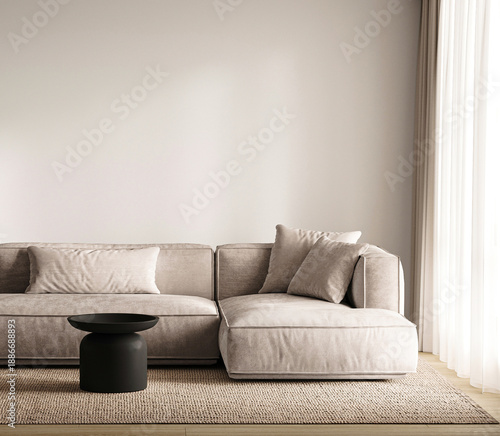 Modern minimalist living room featuring neutral tones complemented by elegant decor and design, 3d rendering