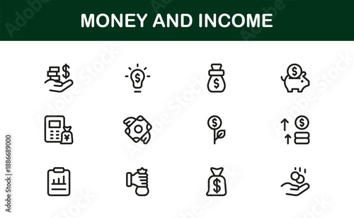 Modern Money Line Icon Set – Professional minimal outline icons for finance, income, and investment in crisp vector style.