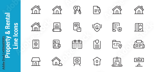 Property and rental line icons includes house key contract and building symbols for real estate