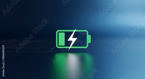 3D render of a green charging battery icon with a white lightning bolt symbol on a dark blue abstract digital background