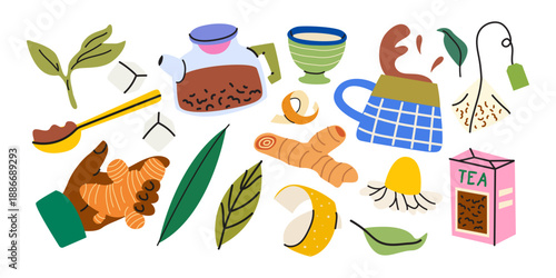Cartoon beverage cozy elements set. Teapot, ceramic cups, tea additives, chamomile, spoon, sugar, tea bag, ginger, citrus, green tea, leaves. Drinks vector flat illustration