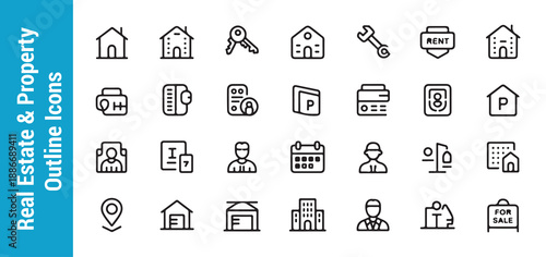 Real estate property outline icons depicting various aspects of housing buying selling and renting homes