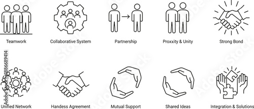 Professional business teamwork line icon set, featuring collaboration, partnership, global networking, human resource management, handshake agreement, strategic 