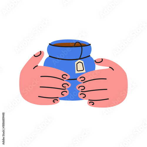 Cartoon hand with a blue ceramic cup of hot drink. Hand holding mug of warm beverage, morning coffee or black tea isolated on white background. Vector flat illustration